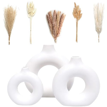 Set of 3 White Ceramic Vase with 65 PCS Dried Pampas Grass Flowers Aesthetic Boho Modern Small Round Cute Vases for Decor Living Room Coffee Table Shelf Bedroom Office Desk Home Gifts Women Mom