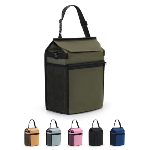 Car Trash Can with Lid, 100% Leak-Proof Removable Liner, Collapsible Automotive Garbage Bin & Organizer with Storage Pockets, Universal Fit for SUV, Truck, RV (Military Green) - color: Military Green