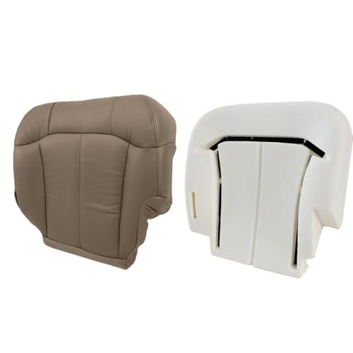 Priprilod Driver Side Bottom Replacement Leather seat Cover Tan（#522 or 52i ）＆ Foam Cushion Compatible with Chevy Silverado Tahoe Suburban/GMC Sierra Yukon 1500 2500 3500 HD1999 2000 2001 2002 - color: Med Tan