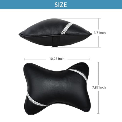 Car Neck Pillows Diamond Seat Auto Headrest Cushion Head Rest Neck 2 Pack Headrest Fit for Most Cars Universal Car Pillow Support Relax Crystal Rhinestone Pu Leather Bling Interior(Black)