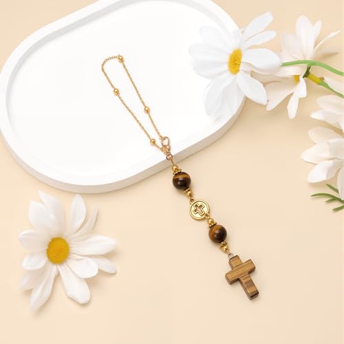 Cross Crystal Hanging Car Charm,Cute Healing Stones Car Decor for Rear View Mirror Boho Handmade Sun Catcher Ornament Accessories Tiger Eye Crystal Protection for Women