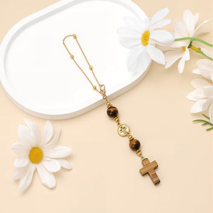 Cross Crystal Hanging Car Charm,Cute Healing Stones Car Decor for Rear View Mirror Boho Handmade Sun Catcher Ornament Accessories Tiger Eye Crystal Protection for Women