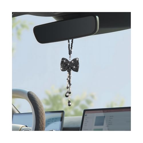 Bling Car Hanging Ornament, Bow Rhinestone Vehicle Rear View Mirror Charm with Crystal Chain, Automotive Diamond Decorative Pendant Accessories for Women Girls, Universal Fit (Black) - color: Black