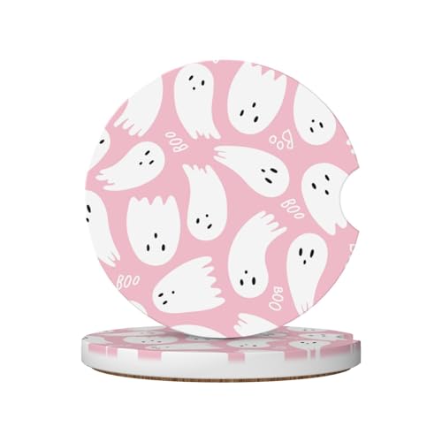 2-Pack Absorbent Car Coasters Pink Cute Ghost - Ceramic & Non-Scratch Cork Base Cup Holder Coasters Universal 2.56"
