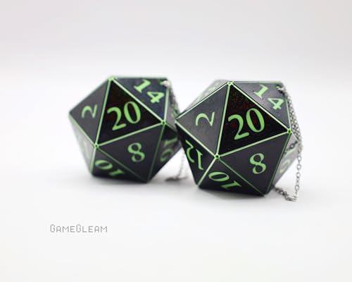 Pair of D20 Car Mirror Dice [2" Black and Green Holographic - "Alien Invasion"] - Handmade hanging car charm rear view mirror danglers - A magical and decorative gift for him or her - GameGleam