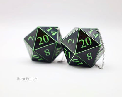 Pair of D20 Car Mirror Dice [2" Black and Green Holographic - "Alien Invasion"] - Handmade hanging car charm rear view mirror danglers - A magical and decorative gift for him or her - GameGleam