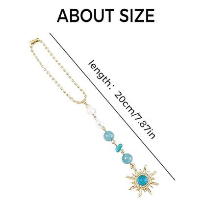 Boho Sun Rearview Mirror Charm, Evil Eye Hanging Car Charm for Rear View Mirror, Crystal Hanging Accessories 7 Inch Alloy Car Ornament for Women Men Unisex Gift of Joy & Protection,Green