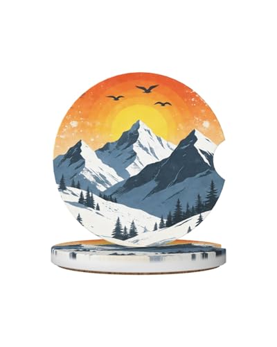 Car Cup Holder Coasters, 2 Pcs Ceramic Coasters with Cork Back and Finger Slot, Anti-Slip Shock Absorbing Woman and Men Universal Car Accessories - Snowy Mountains - color: Snowy Mountains