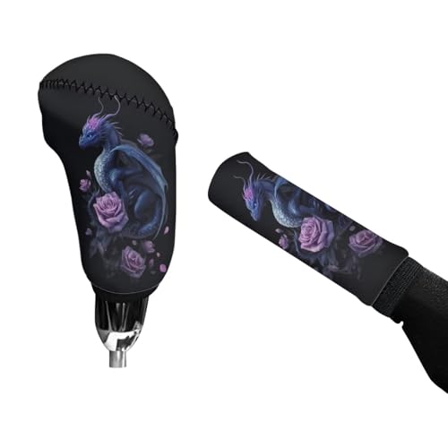 Dragon Rose Pattern 2 Pcs Car Handbrake Cover Set with Gear Shift Cover, Washable Auto Handbrake Grip Cover Stretchy Car Accessories Universal Fit for SUV Sedan Van - color: Dragon Rose