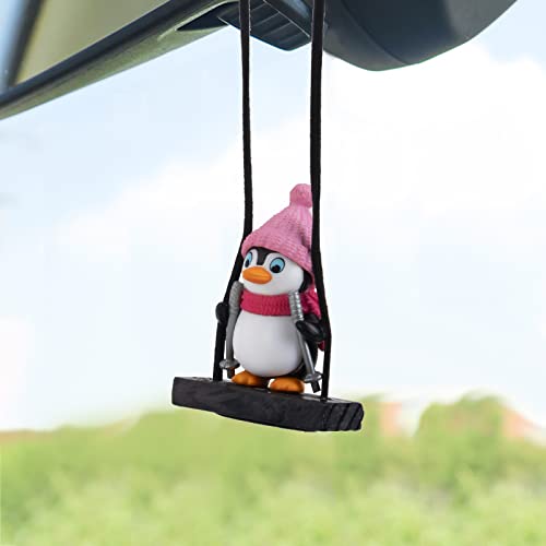 Wonuu Cute Swing Penguin Car Pendant Hanging Ornament Rearview Mirror Charm Decoration for Car Decor Accessories - color: Swing_ski Penguin