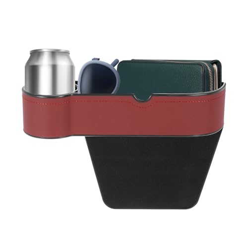 HARFINGTON Car Seat Gap Filler Organizer 10.6 x 7.1 x 2.8 Inch ABS+Leather Universal Car Organizer Storage Box Between Seat and Console (Left) with Cup Holders for Phone Keys, Wine Red - color: Red