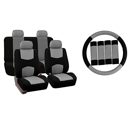FH Group Car Seat Covers Flat Cloth Automotive Gray Full Set, Rear Solid Bench Universal Fit Combo Steering Wheel Cover & Seat Belt Pads Car Seat Protector for Cars Trucks SUV Interior Accessories - color: Gray / Black