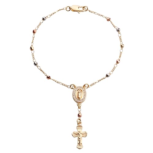 Gold Plated Beads Catholic Guadalupe Car Rearview Mirror Rosary Hanging Charm Chain for Women with Gift Box - color: Faceted Beads