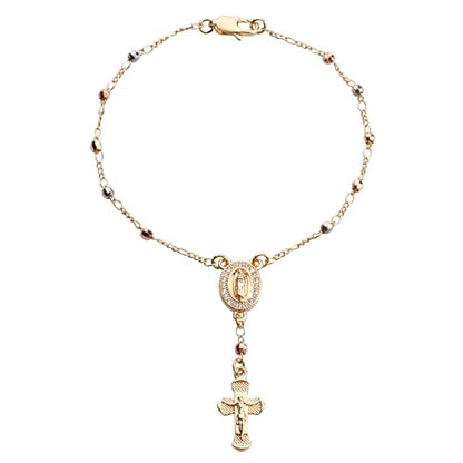 Gold Plated Beads Catholic Guadalupe Car Rearview Mirror Rosary Hanging Charm Chain for Women with Gift Box - color: Faceted Beads