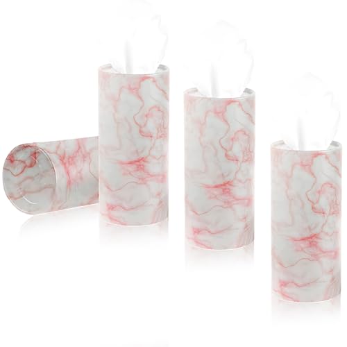 4 PCS Car Tissue Holder, Refillable Round Napkins Containers with Papers Inside, Convenient Travel Tissue Tubes Facial Paper Towel Cylinders for Vehicle Cup Holders (Marble Pink) - color: Marble Pink