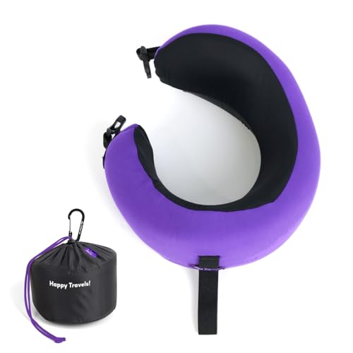 C CUSHION LAB Travel Pillow, Award-Winning Patented Ergonomic Design for Chin & Neck Support Memory Foam Neck Pillow, Compact Airplane Pillow for Traveling, Flight, Car (Royal Purple, Medium) - color: Royal Purple, size: Medium
