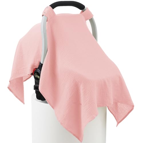 100% Muslin Cotton Car Seat Cover Baby, Carseat Canopy Cover, Universal Fit Stroller Covers for Boys and Girls (Pink) - color: pink