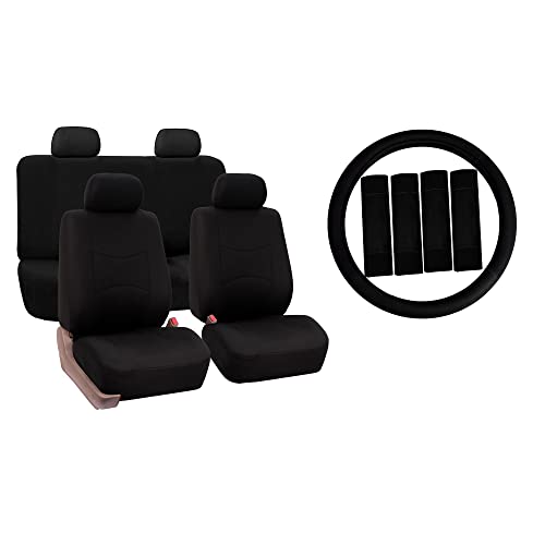 FH Group Car Seat Covers Flat Cloth Automotive Black Full Set, Rear Solid Bench Universal Fit Combo Steering Wheel Cover & Seat Belt Pads Car Seat Protector for Cars Trucks SUV Interior Accessories - color: Solid Black