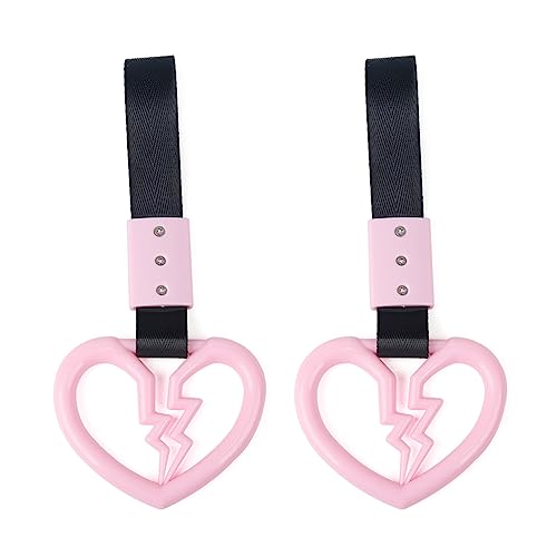 2 PCS Broken Heart Shaped Car Handle Straps Hang Ring Rear Bumper Warning Ring Decorative Subway Train Bus Handle Hand Strap Drift for Car (Pink) - color: Pink
