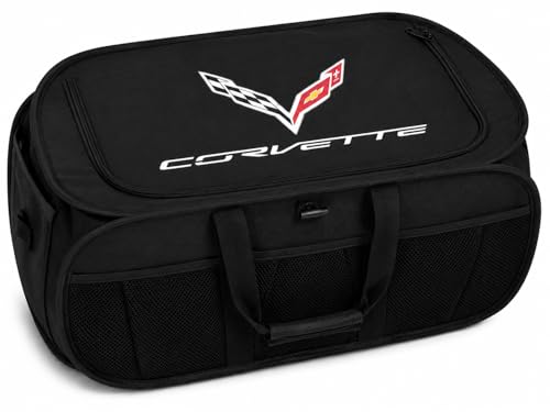 SR1 Performance USA C7 Corvette Trunk Organizer – Expandable Pop Up Collapsible Cargo Storage Caddy for 2014-2019 Chevrolet Corvettes – Black with Crossed Flags Logo - color: C7 Corvette