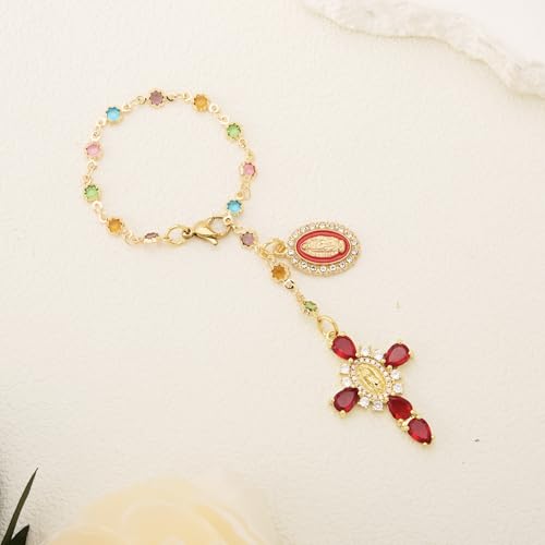 Virgen De Guadalupe Car Charm - Steering Wheel Accessory & Rearview Mirror Hanging, Cross Pendant Automotive Protection Decor - color: Gold-red