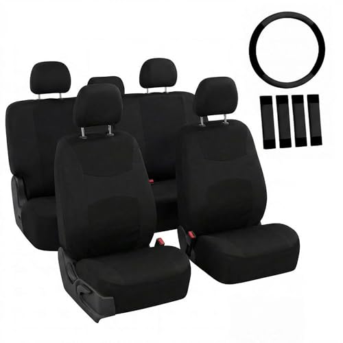 FH Group Full Set Cloth Car Seat Covers, Universal Fit Front and Split Bench Rear, Airbag Compatible, Washable for SUV, Sedan, Van - Black - color: Black