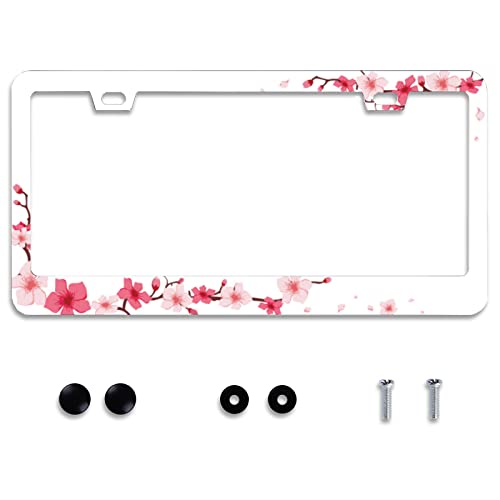 Personalise Beautiful Cherry Blossom License Plate Frame Floral Flowers License Plate Car Universal Stainless Steel Accessories Cars Decor 2 Holes Screws Fits Standard US Vehicles Size 12.2 x 6 Inch - color: Beautiful Cherry Blossom