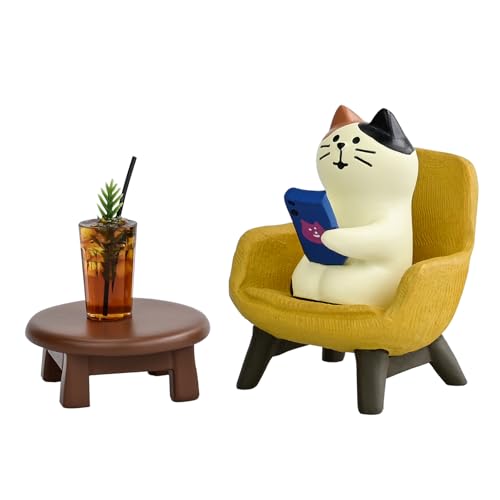 Mevodeata Cute Cat Playing Phone on Sofa and Drinking Coffee Figurine for Office Home Decor - Cute Cat Gift for Cat Lovers - color: Phone Coffee