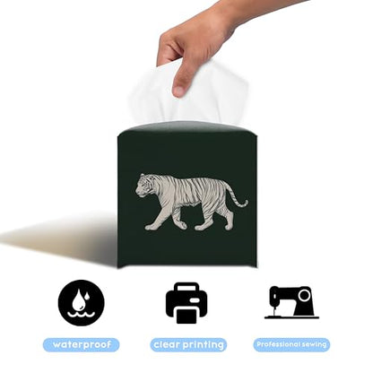Tiger 5.2-Inch Square PU Leather Tissue Box Cover – Tiger Print, Tiger Decor, Hand-Stitched, Removable Liner, Bathroom, Bedroom, Living Room, Office, Car - color: White