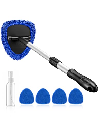 AstroAI 21" Windshield Cleaning Tool, Clean Inside Car Windows Effortlessly with Adjustable Handle, 4 Washable Microfiber Pads Included for Streak-Free Clean, for Auto & Home Glass, Gray - color: Blue, size: 26 in