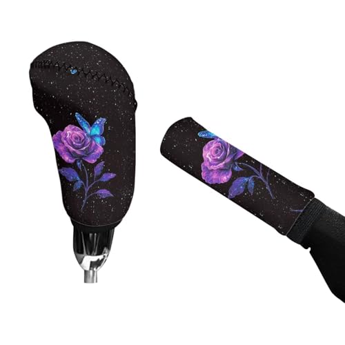 2 Piece Car Head Brake Cover with Gear Shift Cover Set for Women Girls, Rose Butterfly Print Soft Elastic Car Handbrake Protector and Gear Shift Knob Protector, Easy to Install - color: Black and Purple - Rose Butterfly