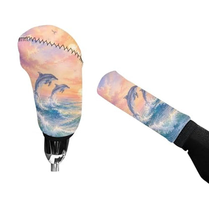 Car Handbrake Covers with Gear Shift Knob Cover, 2 Pcs/Set Dolphin Print Soft Anti-Slip Car Gear Shift Covers and Handbrake Cover Set, Universal Fits Auto Interior Accessories - color: Orange and Blue - Dolphin