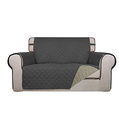 PureFit Reversible Quilted Sofa Cover, Water Resistant Slipcover Furniture Protector, Washable Couch Cover with Non Slip and Elastic Straps for Kids, Dogs, Pets (Loveseat, Dark Gray/Beige) - color: Dark Gray/Beige, size: Medium