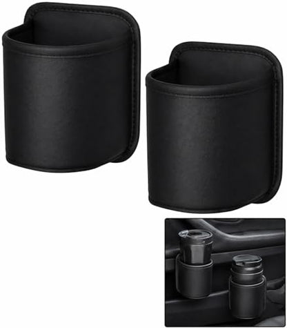 2 Pack Extra Cup Holder for Car, Clip-On Car Door Cup Holder Organizer, PU Leather Car Drink Holder for Small Bottle Coffee Cup Phone Keys Cards, Automotive Seat Pocket Storage, Black