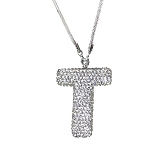 Bling Car Accessories for Women Letter Charm, Rear View Mirror Ornament Cute Hanging Crystal Pendant Girl Car Decorations, Lucky Diamond Rhinestone Girly Charm Interior (White T) - color: White T