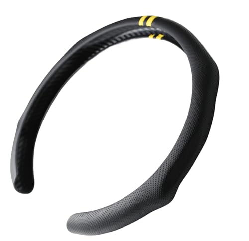Quick Install Sporty Perforated Nappa Leather Steering Wheel Cover with Yellow Stripes Universal fit 14½" to 15" Car SUV Pickup Steering Wheel - color: Black+Top double Yellow Stripes, size: Perforated Nappa Leather
