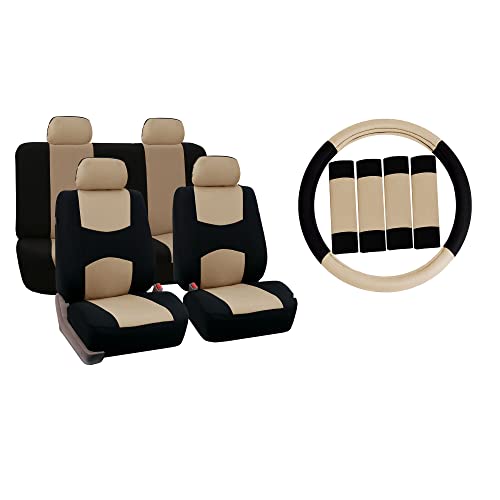 FH Group Car Seat Covers Flat Cloth Automotive Beige Full Set, Rear Solid Bench Universal Fit Combo Steering Wheel Cover & Seat Belt Pads Car Seat Protector for Cars Trucks SUV Interior Accessories - color: Beige / Black