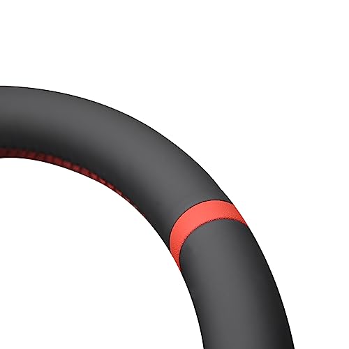 MEWANT Hand Stitch Black Genuine Leather Steering Wheel Cover Wrap for Dodge Ram 1500 Laramie Big Horn 2019-2021 - color: Black Genuine Leather&Red Stripe&Red Thread