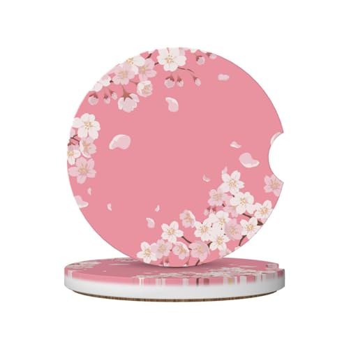 Pink Cherry Blossom Car Coasters for Cup Holders,2 Pack Car Cup Holder Coasters for Car,Ceramic Absorbent Car Coaster with A Finger Notch and Cork Base,Car Interior Accessories for Women Men - color: Pink Cherry Blossom