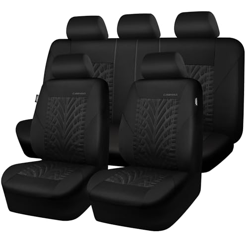 CAR PASS Car Seat Covers Full Sets, Front & Split Rear Bench for Car, 3D Tyre Embossed Automotive Interior Covers, Airbag Compatible, Quick Setup Universal Fit Seat Covers for Car, SUV(All Black) - color: Black, size: Full sets