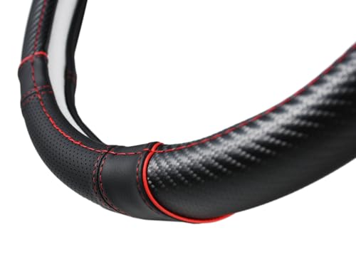 Carbon Fiber + Leather Steering Wheel Cover with Sporty Top Stripes, Non-Slip and Sweat Absorbent Universal fit 14 ½ to 15 inches SW for Most Car SUV Pickup - color: carbon pattern+black leather grip+stripes