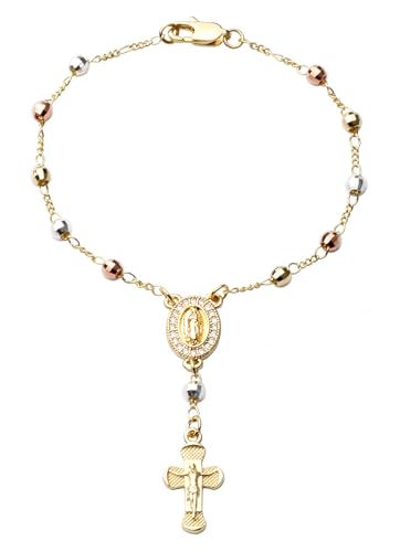Gold Plated Beads Catholic Guadalupe Car Rearview Mirror Rosary Hanging Charm Chain for Women with Gift Box - color: Big-Faceted Beads
