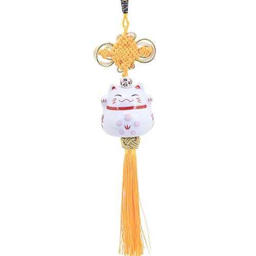 Cute Lucky Cat Charm Ceramic Japanese Maneki Neko Cat Hanging Pendant Lucky Cat Chinese Knot Decoration Charm Car Interior Home Decoration (Yellow) - color: Yellow