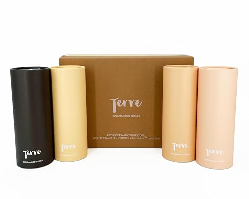 Terre Bamboo Car Cylinder Tissues, 3-Ply, Unbleached, PFAS Free, Refillable, 4 Pack (200 Sheets Total), FSC-Certified, Car Tissue Holder with Facial Tissues, Tree-Free, Eco-Friendly, Sustainable