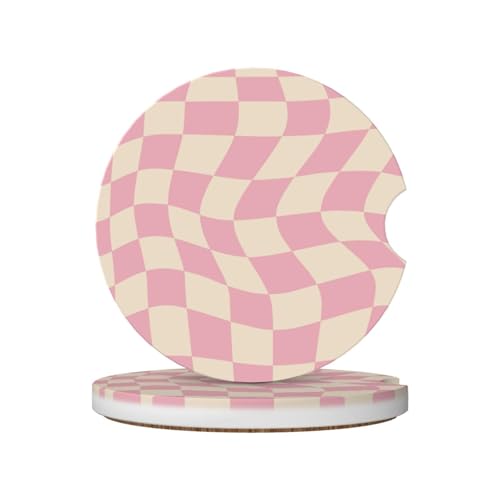 Aesthetic Pink Checkered Car Coasters for Cup Holders,2 Pack Car Cup Holder Coasters for Car,Ceramic Absorbent Car Coaster with A Finger Notch and Cork Base,Car Interior Accessories for Women Men - color: Aesthetic Pink Checkered