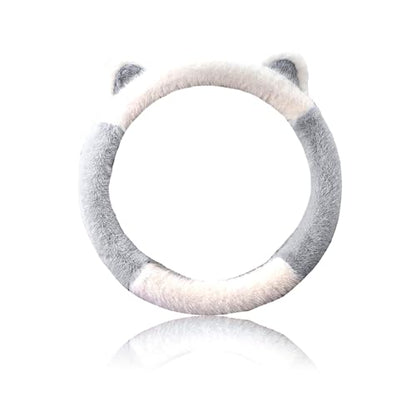 Car Steering Wheel Cover, Cute Steering Wheel Protector with Kitty Cat Ears,Fluffy Soft Plush for Winter Warm, Universal Fit 15 inches for Car,SUV, Elastic & Anti-Slip (White/Gray) - color: White/Gray
