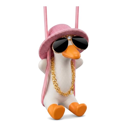 Funny Ornament Gift,Hanging Duck for Car Mirror,Rear View Mirror Hanging Accessories,Rear View Mirror Charm,Cute Car Mirror Hanging Accessories for Women Men Teens (Pink Hat Wealthy Duck) - color: Pink Hat Wealthy Duck