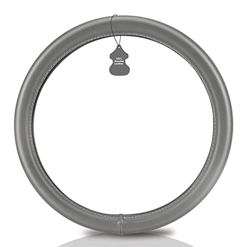 Haokay Heavy Duty Pure Cowhide Steering Wheel Cover SUV Car, Gray Genuine Leather Steering Wheel Cover Men Women Universal 14.5 to 15 Inch - color: GREY-1