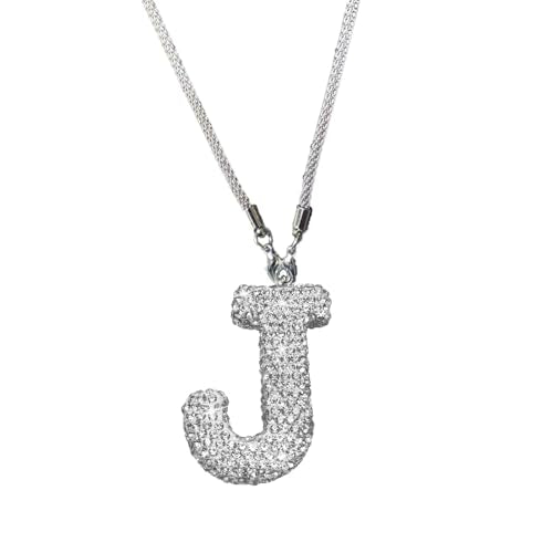 Bling Car Accessories for Women Letter Charm, Rear View Mirror Ornament Cute Hanging Crystal Pendant Girl Car Decorations, Lucky Diamond Rhinestone Girly Charm Interior (White J) - color: White J