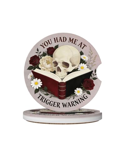 Car Cup Holder Coasters, 2 Pcs Ceramic Coasters with Cork Back and Finger Slot, Anti-Slip Shock Absorbing Woman and Men Universal Car Accessories - Skull Book - color: Skull Book